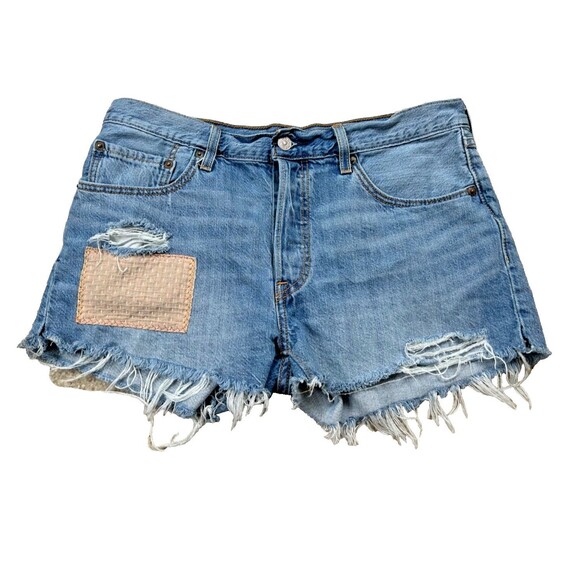 Levi's Women's 501 Jeans Denim Shorts 31 Button Fly Patched Blue Cut Off Ripped - Picture 1 of 9